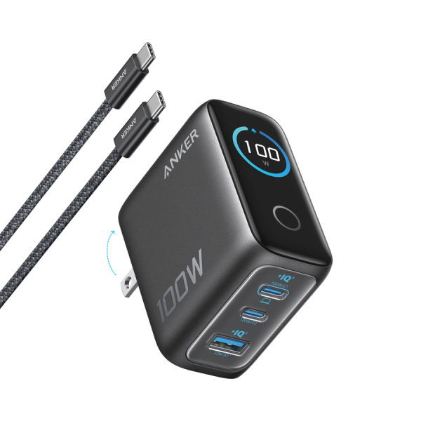 Anker Charger (100W, 3 Ports, Smart Display) Gray