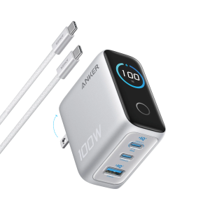 Anker Charger (100W, 3 Ports, Smart Display) Silver