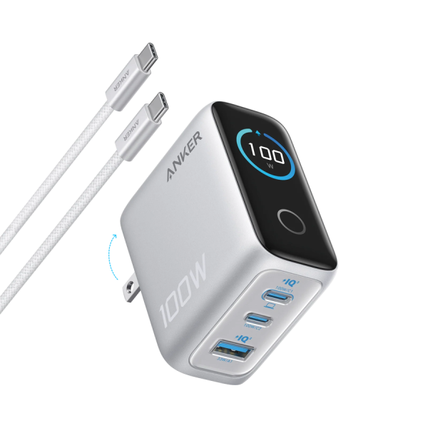 Anker Charger (100W, 3 Ports, Smart Display) Silver