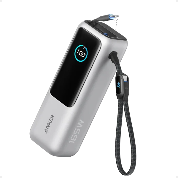 Anker Power Bank (25K, 165W, Built-In USB-C and Retractable Cable) Silver